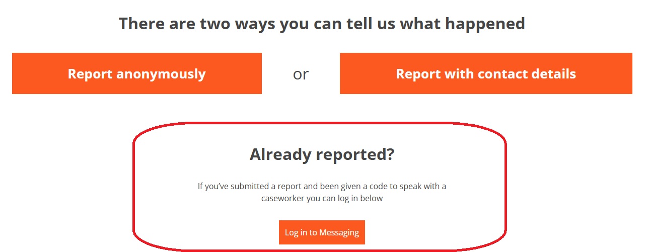 2way messaging login button.  "Log on to Messaging" located under "Already reported?"