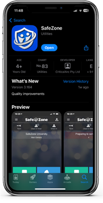 image of a smartphone with a preview of the safezone app on appstore