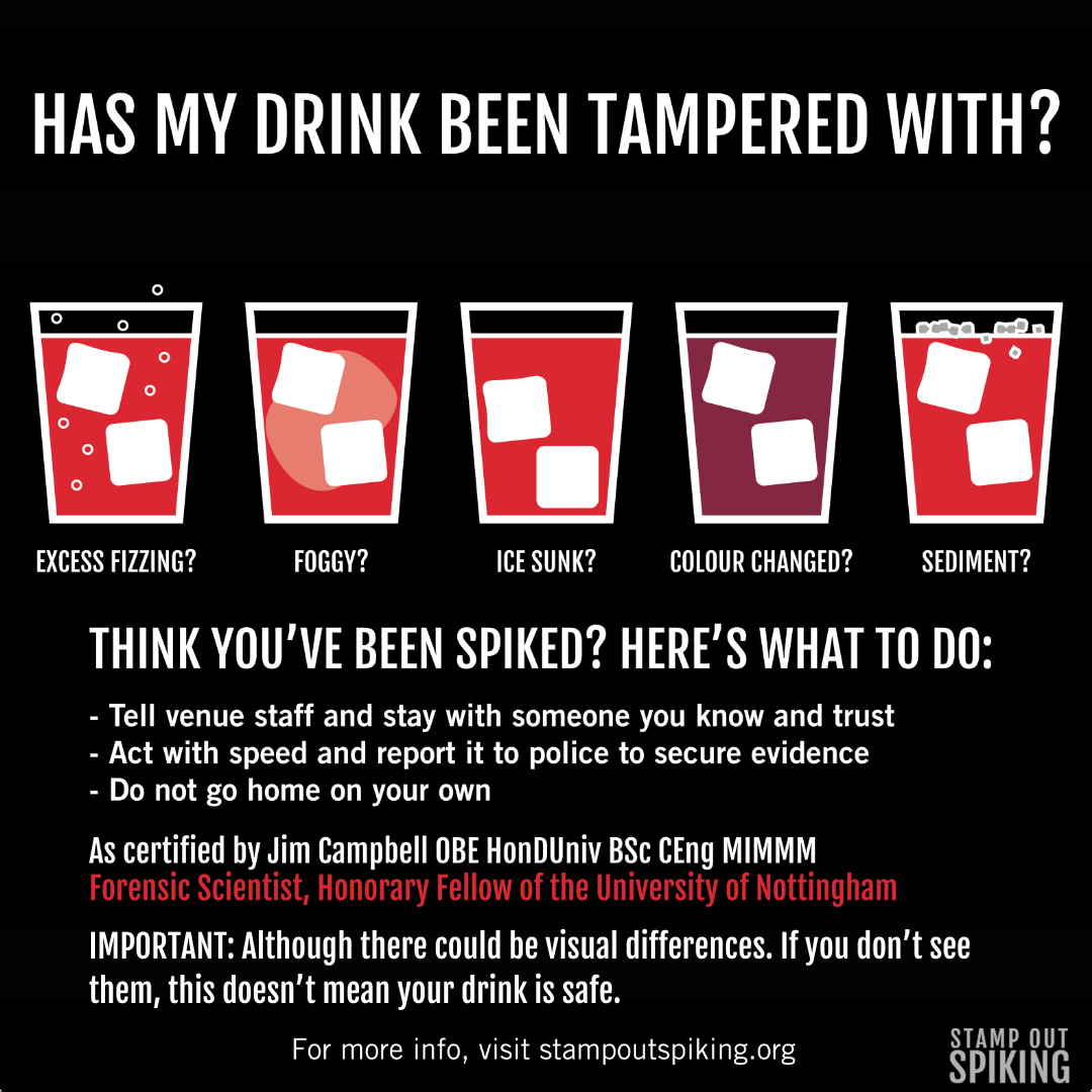 Signs that a drink has been tampered with - excess fizzing, foggy, ice sunk, colour changed, and/or sediment. If you think your drink has been spiked, tell staff and do not go home on your own. Stamp Out Spiking.