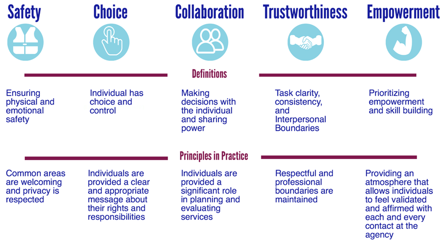 Figure 2: Summary of trauma-informed principles reproduced from: Sebton, S (2021). Why we should all be trauma-informed. University Health https://www.universityhealth.com/