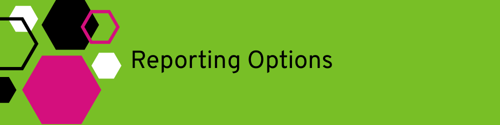 Black text: Reporting Options on a green background with a graphic 