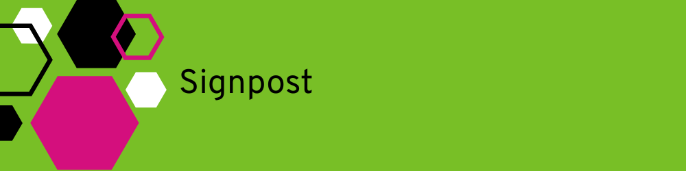 Black text: Signpost on a green background with graphic