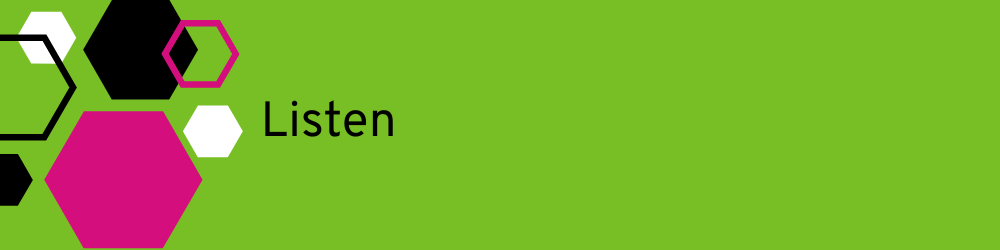 Black text: Listen on a green background with graphic